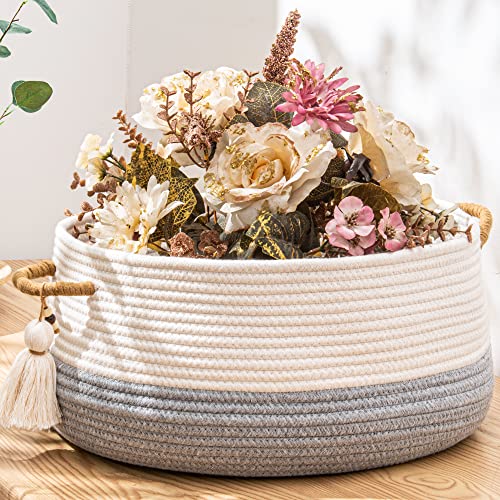 KAKAMAY Woven Baskets for Storage(16"x8"),Blanket Basket for Organizing Living Room,Cotton Rope Basket Woven Baby Laundry Hamper,Collapsible Laundry Room Organization,Clothes,Toy Chest(Grey) - color: Grey