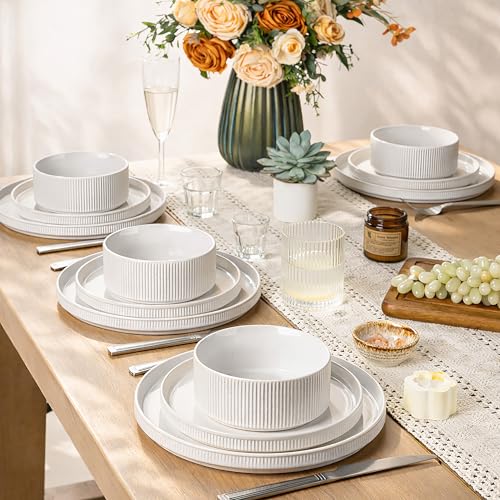 GBHOME Stoneware Dinnerware Sets for 4, 12 Pieces Plates and Bowls Set | Lightweight Ceramic Ribbed Dishes, Reactive Glaze Stackable Plate Set, Scratch Resistant, Microwave & Dishwasher Safe,White - color: White