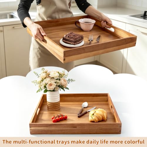 Large Wooden Serving Tray for Ottoman Wooden Ottoman Tray 20INCH Acacia Square Tray with Handles Wooden Coffee Table Tray Multi-Use for Dinner Breakfast Snack & Entertaining Guests