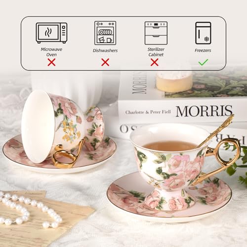 KAMMAK Tea Cups and Saucers Set of 2, Fine Bone China Coffee Cups, NX025 | Stackable Espresso Mugs, Ceramic Demitasse for Coffee, Cappuccino, Latte, Americano, Tea - size: 8CZNX025