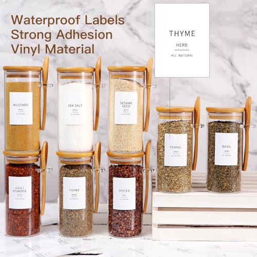 8 Pcs Glass Containers with Bamboo Lids and Spoons - 10 oz Sugar Container with 148 Kitchen Pantry Spice Jar Labels Preprinted - Glass Spice Jars with Wooden Lids Hold Coffee, Tea, Candy, Herbs - color: 10oz