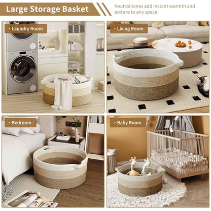 125L Extra Large Blanket Basket, 25" x 16" | Jumbo Laundry Woven Cotton Rope Basket with Handles, Baby Toy Storage, Gradual Brown - color: gradual brown, size: 1 Pack