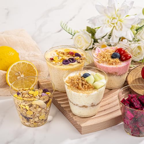 I00000 5oz 100 Pack Gold Glitter Plastic Cups, Glitter Disposable Small Plastic Cups, Disposable Clear Cup with Gold Glitter Shot Glasses, Small Tumbler Perfect for Wedding & Party - color: Glitter-5oz-100