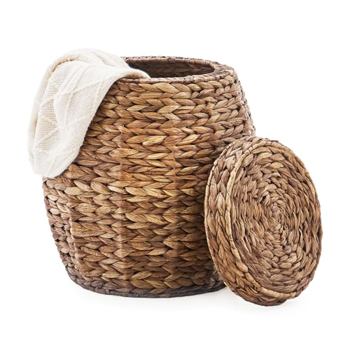 Round Wicker Basket with Lid, Handwoven Water Hyacinth Storage Basket, Blanket Organizer Basket for Laundry, Bathroom, Bedroom, Living Room, Office - color: Espresso, size: 17"