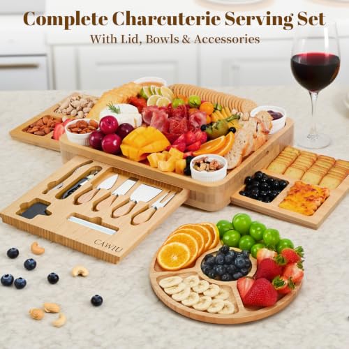 Large Bamboo Charcuterie Board Set with Lid, Drawers, Cream | Includes serving utensils and a fruit tray for easy entertaining; ideal for housewarmings, weddings and bridal showers. - color: Cream