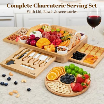 Large Bamboo Charcuterie Board Set with Lid, Drawers, Cream | Includes serving utensils and a fruit tray for easy entertaining; ideal for housewarmings, weddings and bridal showers. - color: Cream