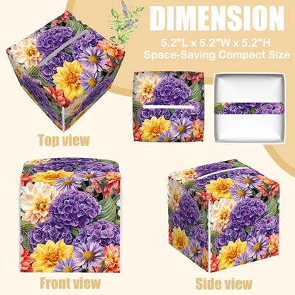 Hydrangea and Dahlia Flower Tissue Box Cover Square, Daisy Tissue Box Holder with Bottom Belt Leather Facial Paper Organizer Dispenser for Bathroom Bedroom Dresser Night Stand Tabletop - color: Hydrangea and Dahlia Flower