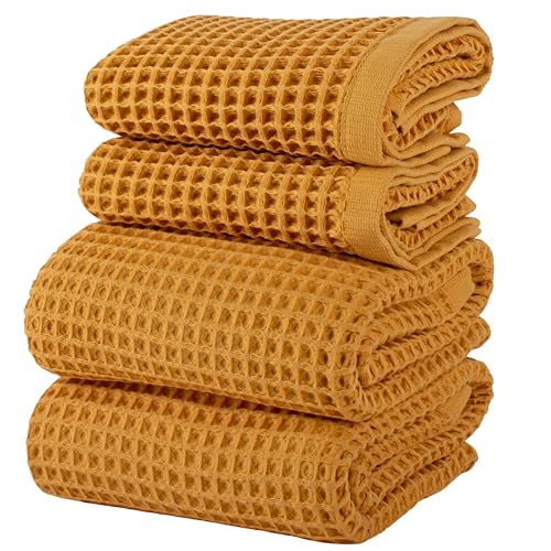 PÜSKÜL Natural 100% Turkish Cotton Waffle Towels Set for Bathroom (4-Piece) | Mustard Yellow Large Size 2 Hand & 2 Bath Towel, Quick-Dry Soft Absorbent Premium 3D Honeycomb Weave, Oeko-Tex Made in Turkey - color: Mustrad Yellow