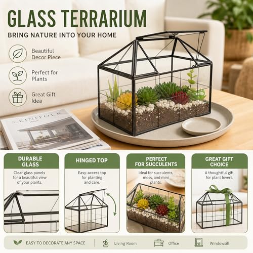 FerrisIsland Glass Aquarium Greenhouse Succulent Plant Aquarium Container | Glass Aquarium Greenhouse Succulent Plant Aquarium Aquaculture Container Desktop Decoration Garden DIY Kit(7.3"H) - size: 9.1"L x 7.3"H 5.4"W