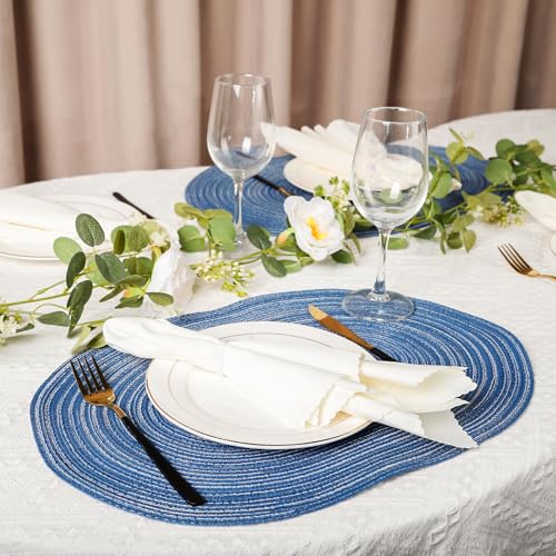 Blue Oval Woven Placemats Cotton Blend Washable Heat Resistant Table Mats for Kitchen Dining Indoor and Outdoor Set of 6 - color: Blue