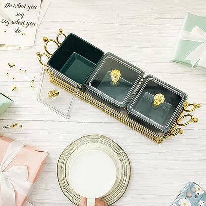 YA JU Ceramic Bowls and with Lid Gold Basket Trays, 3 Removable Small Bowls Condiment Trays Nut Serving Set for Snacks, Fruits, Candy and Condiments - Great for Parties, Green - color: Green 3- Grid Crown Tray