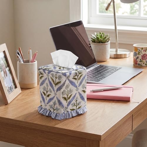 Blue Striped Ruffles Fabric Tissue Box Cover - Floral Print Tissue Box & Decorative Square Napkin Holder Handmade Cotton for Home Bedroom Vanity Countertop Night Stands Office - style: Striped Ruffles