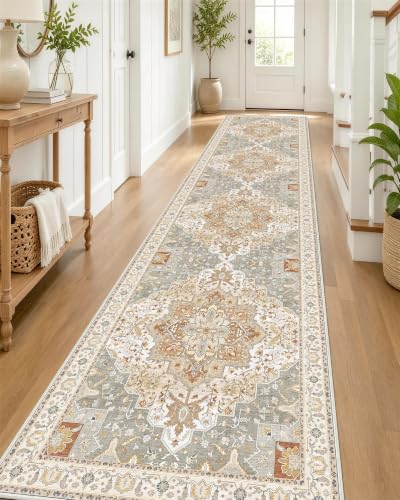 OLANLY 2'6"x14' Washable Runner Rug, Non Slip Carpet for Hallway Kitchen | Beige Boho Vintage Floral Medallion Farmhouse Rug Spill & Stain Resistant Low Pile for Entryway Laundry Room Mudroom Corridor - color: Beige, size: 2'6" x 14' (Runner)