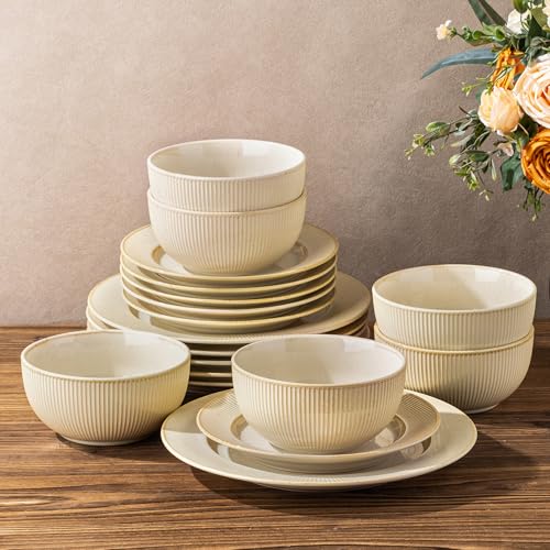 Ceramic Dinnerware Set for 6, 18-Piece Plates and Bowls Set | Lightweight Porcelain Dish Set, Scratch Resistant, Oven & Microwave & Dishwasher Safe, Cream Latte - color: Cream Latte, size: Set (18pcs)