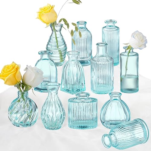 Bud Vases Set of 12 Blue Glass Vase for Decor | Small Vintage Flower Vase Ribbed Glass Bud Vases in Bulk Wedding Bridal Shower Party Centerpieces Home Room Table Decorations - color: Blue, size: 1 Pack