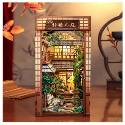 Japanese Book Nook Kit, Serene Courtyard | DIY Miniature House 3D Wooden Puzzles for Adults Japan Bookshelf Decor with LED Lights - style: Serene Courtyard