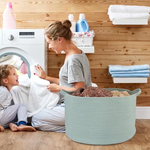 XUANGUO Extra Large Cotton Rope Round Storage Basket 22" x 14" Light Green | Woven basket for blankets, toys, towels, laundry, nursery, living room and pet toy storage. - color: light green