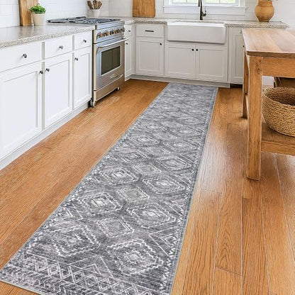 KILOCOCO Hallway Runner 2x10 ft Washable Runner Rug Non Slip, Grey | Low-Pile Entryway Runners, Rubber Backed Runner Rug, Printed Kitchen Runner Rug, Soft Geometric Rugs for Hall Living Room - color: Grey, size: 2' x 10' (Runner)