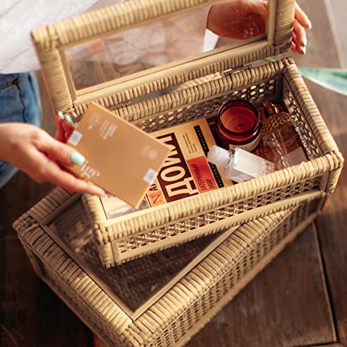 Large Handwoven Boho Rattan Display Boxes with Glass Lids Set of 2 | Rectangular Decorative Storage Bins Natural Woven Cane Home Decor Organizers (15.55" x 9.64" x 5.9" & 12.48" x 6.88" x 4.52")