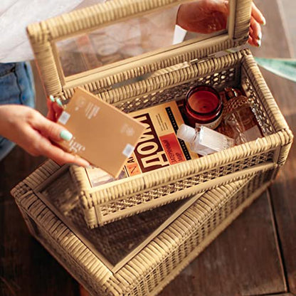 Large Handwoven Boho Rattan Display Boxes with Glass Lids Set of 2 | Rectangular Decorative Storage Bins Natural Woven Cane Home Decor Organizers (15.55" x 9.64" x 5.9" & 12.48" x 6.88" x 4.52")
