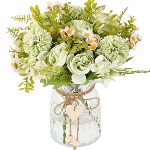Kimura's Cabin Artificial Flowers with Vase Green Fake Peony in Glass Vase | faux flowers in vase,Home Table Centerpiece,Office Arrangement, Living Room floral,Farmhouse Bathroom Plant Decor - color: Lime Green