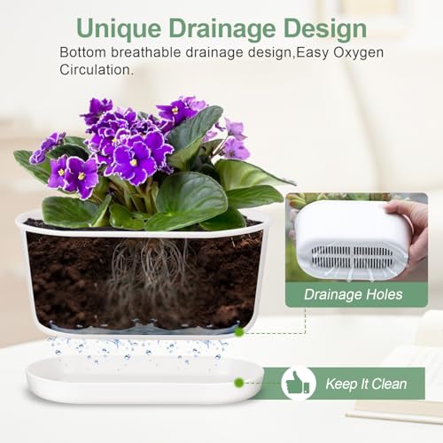 Set of 8 White Oval Window Sill Planters with Drainage Holes and Trays（7 Inch） for Herbs Basil Orchids Succulents, Modern Herb Garden Planter for Indoor/Outdoor Plants - size: 7 x 3.95 x 3.15-inch