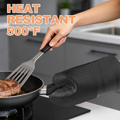 YUTAT Silicone Oven Mitts,Heat Resistant 500F Kitchen Mitts 2PCS,Perfect for BBQ, Baking and Cooking,Black - color: Black-honeycomb Surface, size: 13“L x 7"W-2 Piece