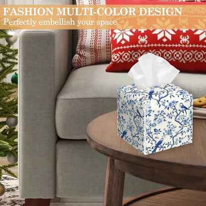 Blue Flowers Tissue Box Cover, Birds Tissue Box Holder Waterproof Leather Facial Paper Organizer Dispenser for Bathroom Home Car Nightstand Vanity - color: Blue Flowers Birds