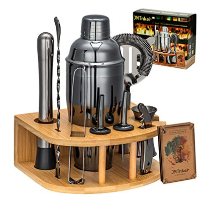 Bartender kit Black with Stand | Beautiful Black Cocktail Shaker Set for Home Bar. Perfect Mixology Bartender Kit Bar Tools Set and Bar Accessories for Amazing Drink Mixing