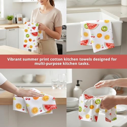 Flour Sack Kitchen Towels - Set of 2 Summer Dish Towels with Hanging Loop 16x26 Inch Absorbent Reusable Cotton Cloths for Cleaning, Cute Design Housewarming Gift - Melon Hue