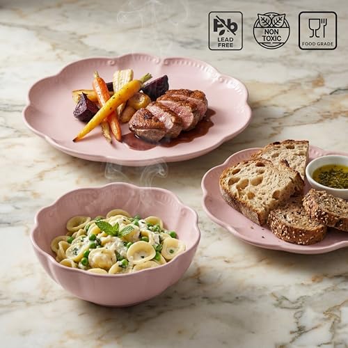 Sango 12 Pieces Scalloped Dinnerware Set, Modern Pink Dishes for 4, Premium Serving Plates & Bowls Sets, Chip Resistant, Blush Ceramic Dishware, Kitchen Dish, Microwave & Dishwasher Safe, Bethany - color: Pink, size: 12-Piece Set