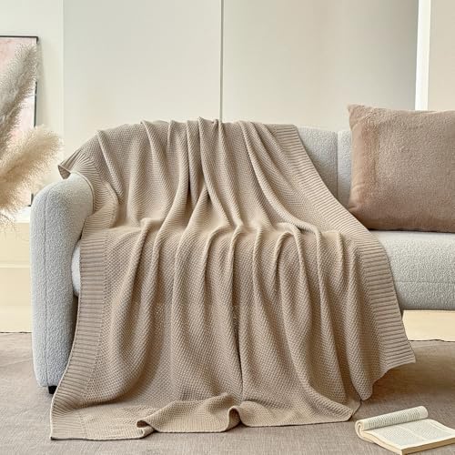 Simple&Opulence 100% Cotton Blanket King Size, Solid Color Cable Knitted Blanket Super Soft Comfortable Breathable Decorative Farmhouse for Couch Sofa Bed, All Season Use(Light Khaki,104x90) - color: Light Khaki, size: King Size 104x90"