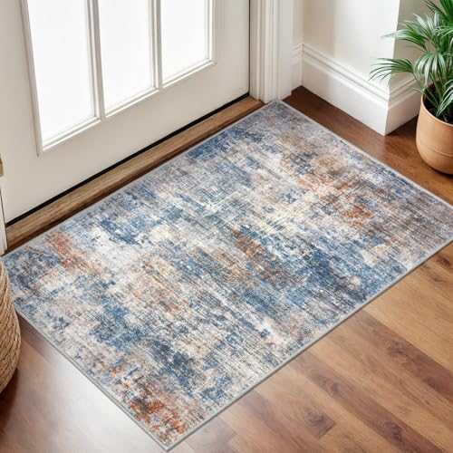 Small Abstract Area Rug 2x3 Ft Entryway Rugs Washable Door Mat Indoor Entrance, Rubber Backed Throw Rugs, Printed Faux Wool Non Slip Floor Carpet for Foyer Front Door Sink, Blue Rust - color: Blue/Rust/White, size: 2' x 3' (Rectangular)