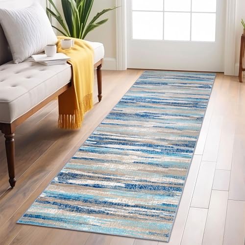 Lansny Abstract Washable 2x6 Runner Rug Non Slip Runners for Hallway | Blue;Thin Printed Faux Wool Rug Runners for Kitchen;Entryway Runners;Hallway Runner Rug Non Skid;6ft Carpet Runner - color: Blue Aqua/Beige Taupe Multi, size: 2' x 6' (Runner)