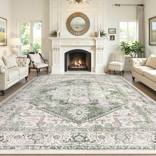 LIVEBOX Green 10x14 Area Rugs, Soft Extra Large Area Rug for Living Room Low Pile Non Slip Boho Rug, Non Shedding Indoor Carpet for Bedroom Dining Room Under Table - color: Medallion Sage, size: 10' x 14' (Rectangular)
