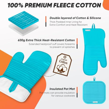 Oven Mitts Kitchen Towels and Dishcloths with Pot Holders Sets, Oven Gloves Hot Pads 500°F Heat Resistant with Silicone Grip, Include 2 Cooking Gloves/2 Potholders/4 Kitchen Towels/4 Dish Towels - color: Lake Blue