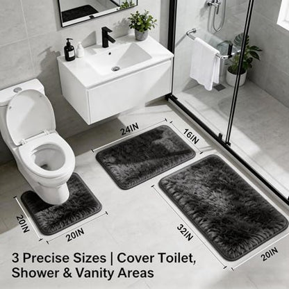 Shaggy Bathroom Rugs Set Plush Velvet Bath Rugs Non-Slip Bath Mat Set 3 Piece,Washable Mats,Absorbent Shaggy Rugs Super Soft U-Shaped Toilet Rug,Bahroom Carpets for Bathroom,Tub,Shower(Grey - color: Grey