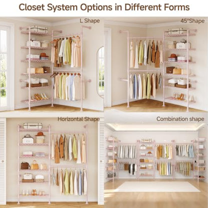 L2 Wall Mounted Closet System, Industrial Pipe Clothing Rack, Pink | Metal Clothes Rack with 2 Telescopic Rods & 6 Shelves, Heavy Duty Closet Organizers for Wardrobe, Reach-in & Walk-in Closets - color: Pink
