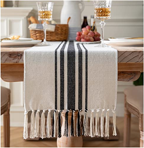 Boho Table Runner for Modern Farmhouse Decor, Dining Table décor 13 x 90 Inch Long, Coffee Table Runner with Handcrafted Tassels, Black and Beige, for Home Bohemian Decoration - color: Black Beige, size: 13x90Inch