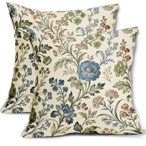 Blue Green Vintage Floral Pillow Covers 16x16 Inch Set of 2 Brown Spring Chinoiserie Flower Decorative Throw Pillowcases Rustic Farmhouse Outdoor Cushion Cases Decor Seasonal for Sofa Couch Bed - color: Blue Green Brown, size: 16" x 16" (Pack of 2)