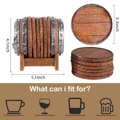 Whiskey Barrel Coasters Set 6 Full Size Non-Slip Cabin Decor Bar Coasters, for dad, Man Cave Gifts for Men and Whiskey Lovers, Rustic Handmade Cup Coaster for The Home - style: Whiskey Barrel-02