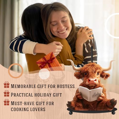 Highland Cow Paper Towel Holder Countertop Kitchen Decor and Accessories Black Metal Farmhouse Large Tissue Stand for Home Bathroom 3D Cow Hand Painting Pattern Farm Table Decor Gifts - style: Highland Cattle