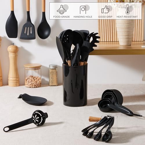 E-far Black Kitchen Utensils Set with Holder, 25-Piece Silicone Cooking Utensil Set with Wooden Handle for Nonstick Cookware, 446°F Heat Resistant Kitchen Tool Spatula Tongs Whisk, Non-toxic & Healthy - color: Black, size: 25