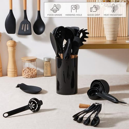 E-far Black Kitchen Utensils Set with Holder, 25-Piece Silicone Cooking Utensil Set with Wooden Handle for Nonstick Cookware, 446°F Heat Resistant Kitchen Tool Spatula Tongs Whisk, Non-toxic & Healthy - color: Black, size: 25
