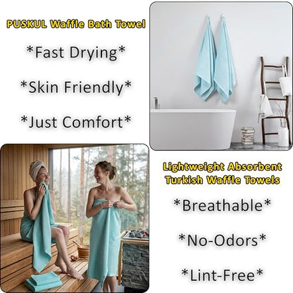 PÜSKÜL 2-Piece Natural 100% Turkish Cotton Waffle Bath Towels Extra-Large | Turquoise, 32x63" Bath Sheet Towel, Light Soft Absorbent Quick-Dry Lint-Free Premium Honeycomb Weave Oeko-Tex Made in Turkiye - color: Turquoise