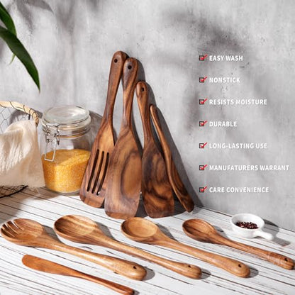 9 pcs Wooden Spatulas and Spoons for Cooking,Wooden Utensil Set | Sturdy & Easy to Clean,Nonstick Safe,Acacia Wooden,for Everyday Kitchen Tasks,Heat Resistant with Ergonomic Handles - size: 9 pieces (Teak)
