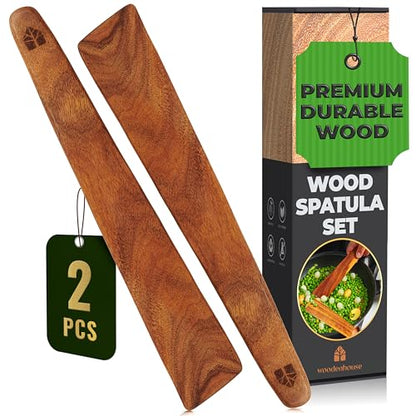 Wooden Spatula for Cooking, 12" Set of 2 - Turner & Scraper for Cast Iron | Flipper for Non Stick & Frying Pan, Egg & Pancake – BPA Free & Heat Resistant Teak Utensils