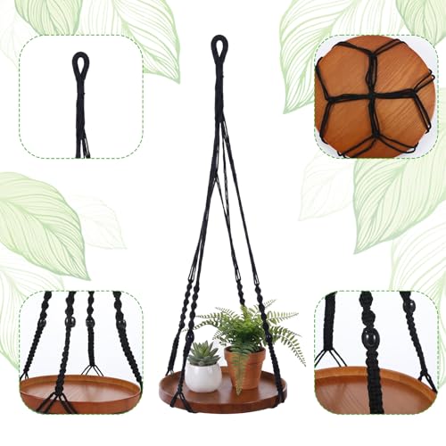 Macrame Plant Hanger 2 Pack, Hanging Planter Shelf Set with Wood Tray for Indoor Plants, Boho Home Decor (Black, Large & Medium)