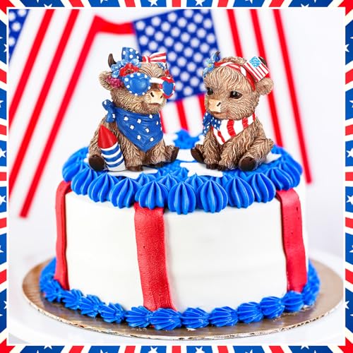 Wesiti 2 Pcs 4th of July Highland Cow Figurines Decor | Patriotic Gnomes Scottish Resin Statue, Calf Lovers Gifts, for 250th Anniversary, Home Garden Kitchen Office Table - style: Independence Day