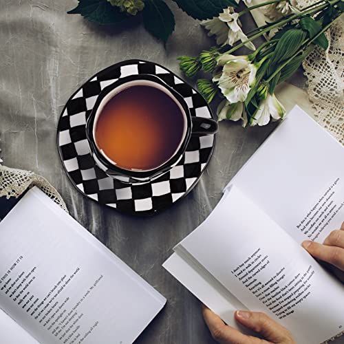 Koythin 10oz Ceramic Coffee Mug With Saucer, Black White Plaid Latte Cup | 300ml Drinkware, Microwave & Dishwasher Safe; Daily Office Cup, Sweet Gift For Women - color: Black and White Plaid